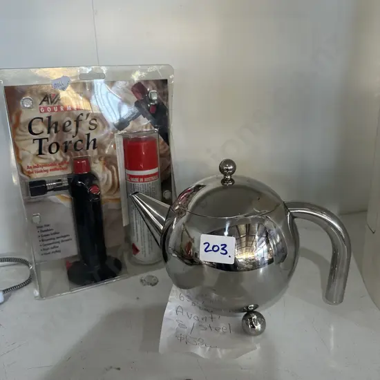 Avanti chefs torch and stainless  Avanti 6-8 cup teapot ($150 new)