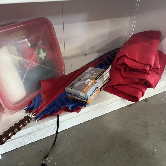 umbella, first aid and blankets (not the vinyl gloves)