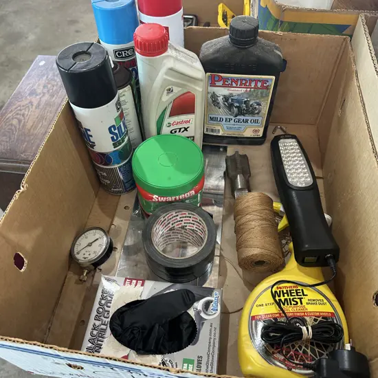 Oils, swarfega hand cleaner, work light etc.