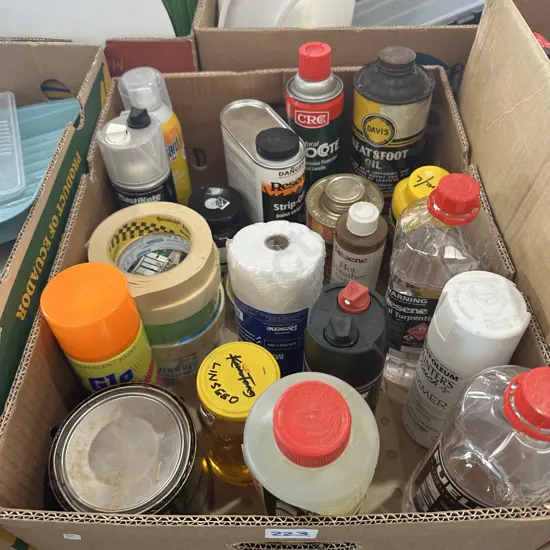 Box of painting products and accessories.