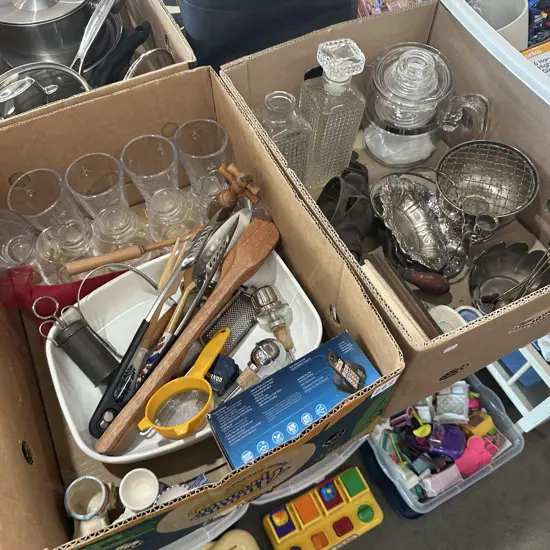 Two boxes Barometer, silver items etc.