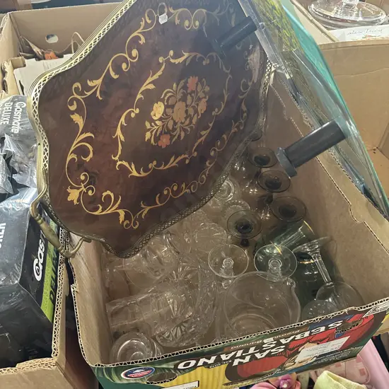 Two boxes cutting mats, tray and glassware.