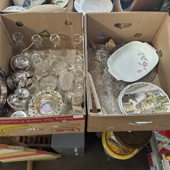 Two boxes glassware, silver, plates etc.