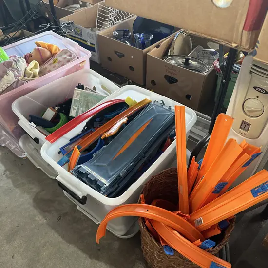 Hot wheels toys, dolls, oil heater, stools and ball etc.