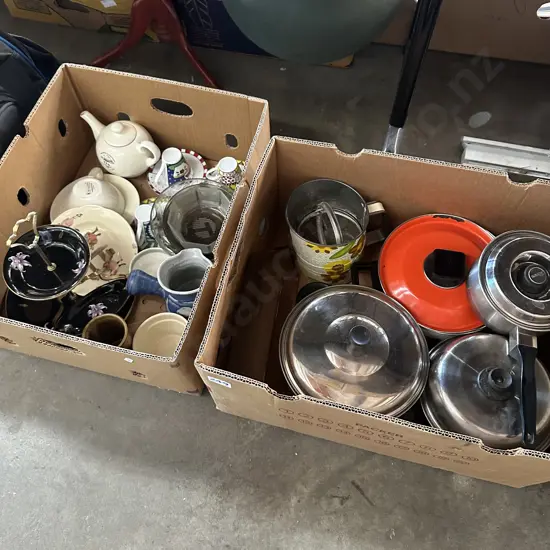 Two boxes Pots and china etc.