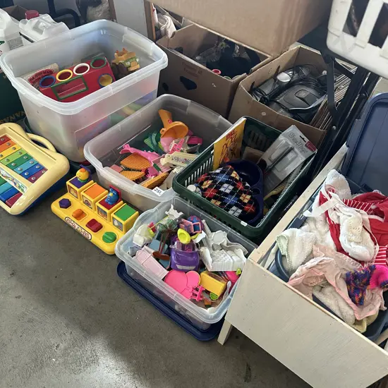 Lidded bins, dolls clothes and accessories, toys etc.