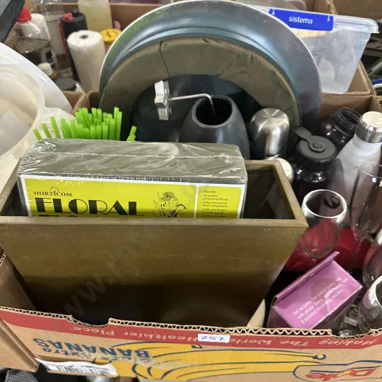 Box lot S/S thermos, floral foam, plastic straws etc.