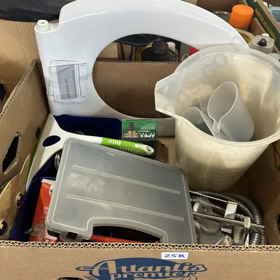 Box lot new toilet seat, pressure limiting valve, parts case etc.