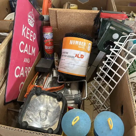 Box lot painting gear, keep calm sign, brasso, new gutter guard etc.