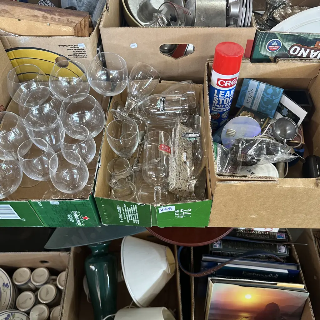 Three boxes Heineken and wine glasses, ice cream scoop, new CRC Leak stop can etc. Image 1++