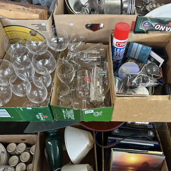 Three boxes Heineken and wine glasses, ice cream scoop, new CRC Leak stop can etc.