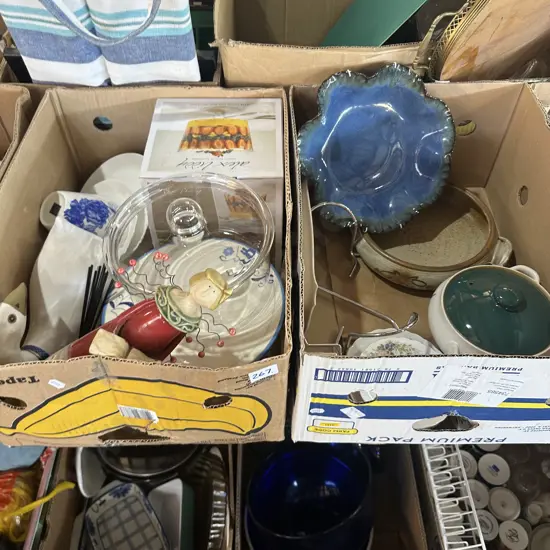 Two boxes cake stand, new trifle bowl, pottery etc.