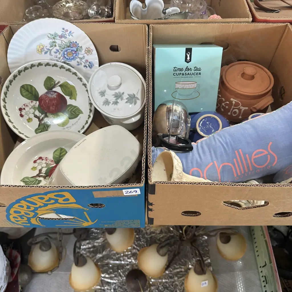 Two boxes dinnerware, vege pot etc. Image 1++