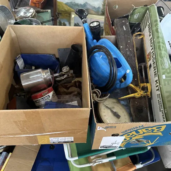 Two boxes scales, spray gun etc.