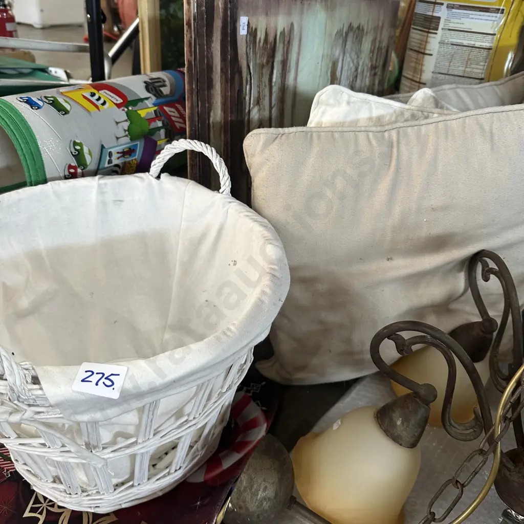 Cane basket, christmas car mats, cushions and pictures. Image 1++