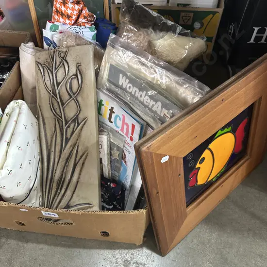 Craft and needlework, sheepskin pieces, hand painted glass picture etc.