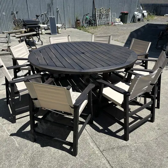 Wooden outdoor table & 8 chairs, freshly stained