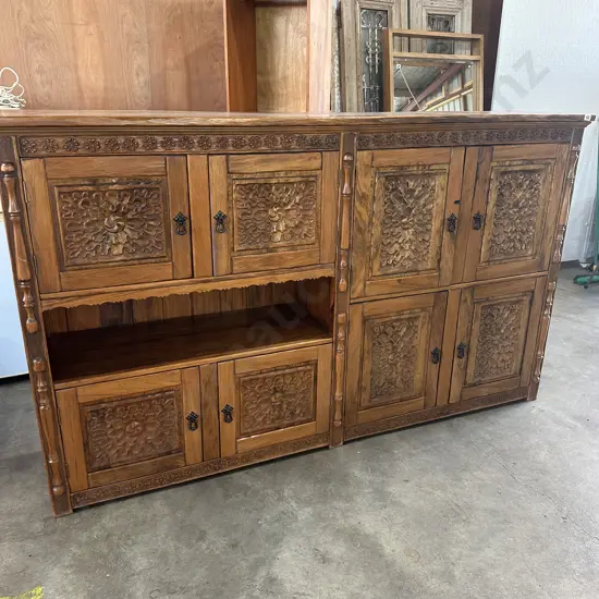 Hand carved drinks cabinet by Tony Greaves woodcarver & sculptor 2400 x 500 x 1450