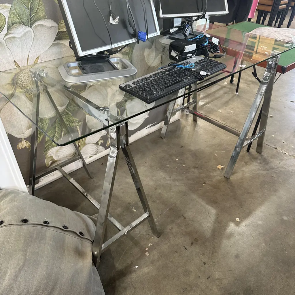 glass table trestle desk Image 1++