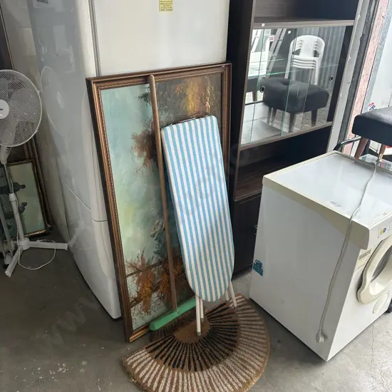 wall unit, iron board, picture, mat, broom