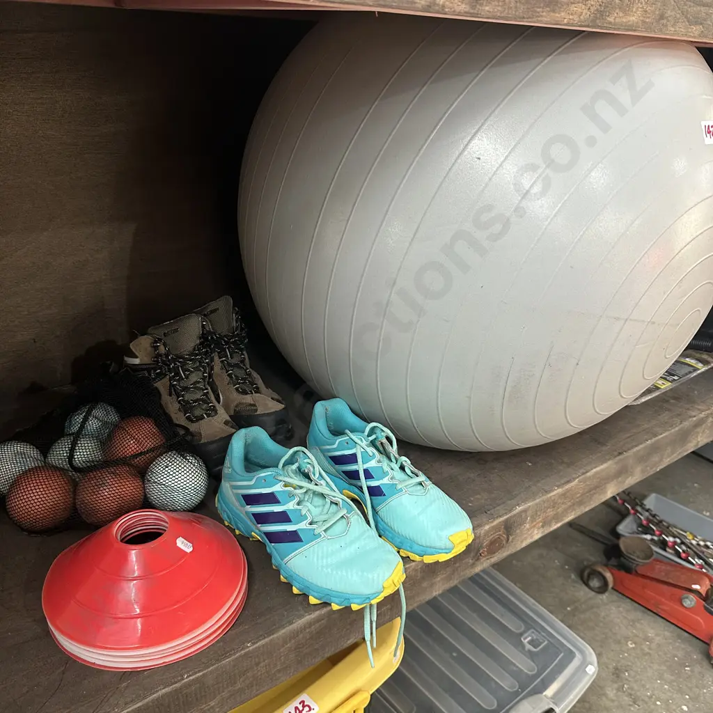swiss ball, small hiking boots & sport shoes, balls and discs Image 1++