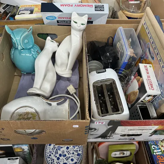 Two boxes CD player, pair of cats,vase and owl etc.
