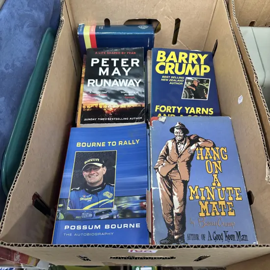 Box of books including Barry Crump