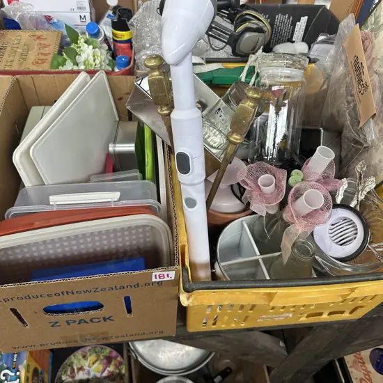 Box and Crate Brass fire tools, turbo scrub, milk bottles etc.