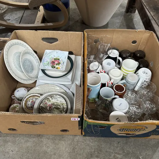 Two boxes Whiskey glasses, plates and china