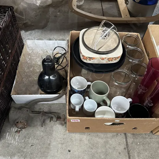 Vintage DB glass, pair vases, Agee jars, mincer parts etc.