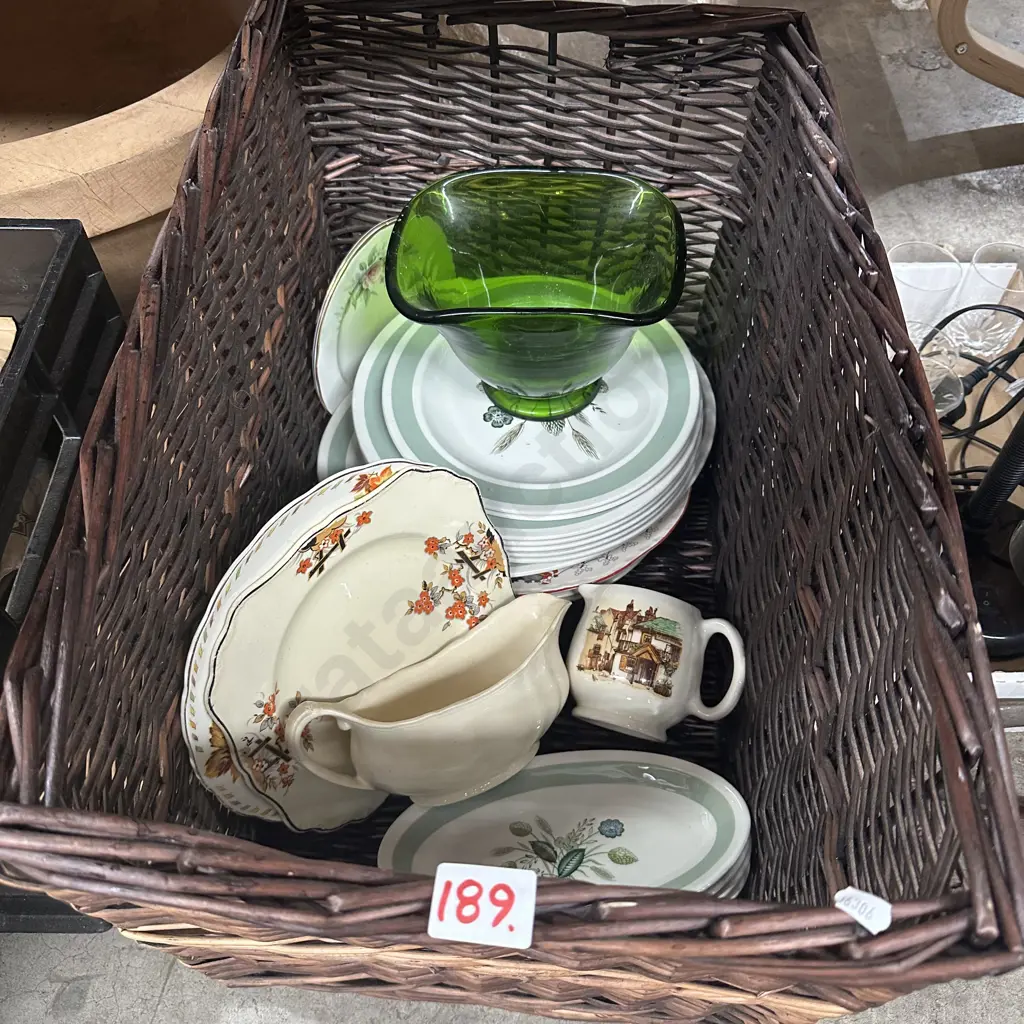 Cane basket and english plates, gravy boat etc. Image 1++