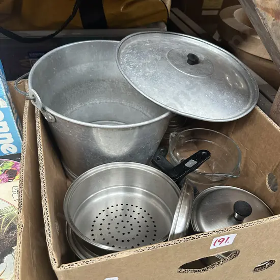 Steamer pots, lidded bucket and mixing bowl etc.