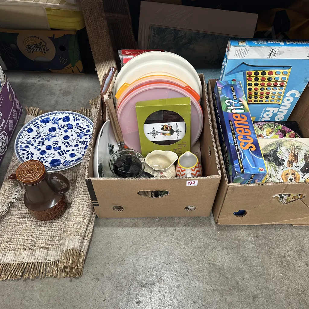 Two boxes Tupperware, beswick jug,  connect four and puzzles etc. Image 1++