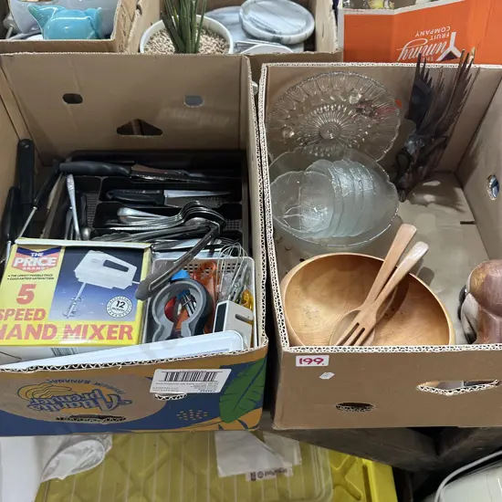 Two boxes Cutlery and utensils, hand mixer and wooden cat etc.
