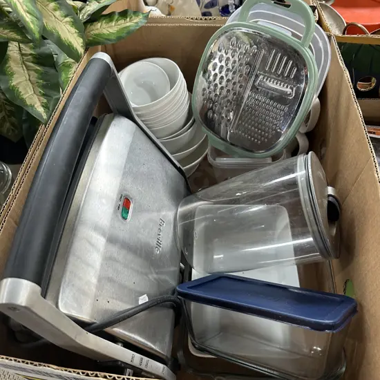 Breville sandwich press, storage containers, baking dishes etc.