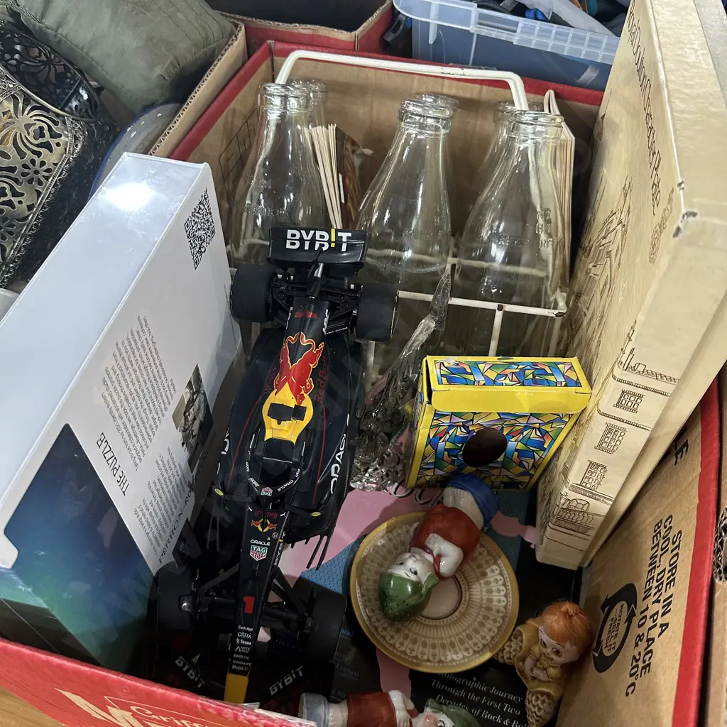 Milk bottles and carrier, Royal Doulton plate and race car etc. Image 1++