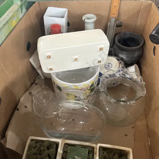 Box of vases and brasso including crown lynn.