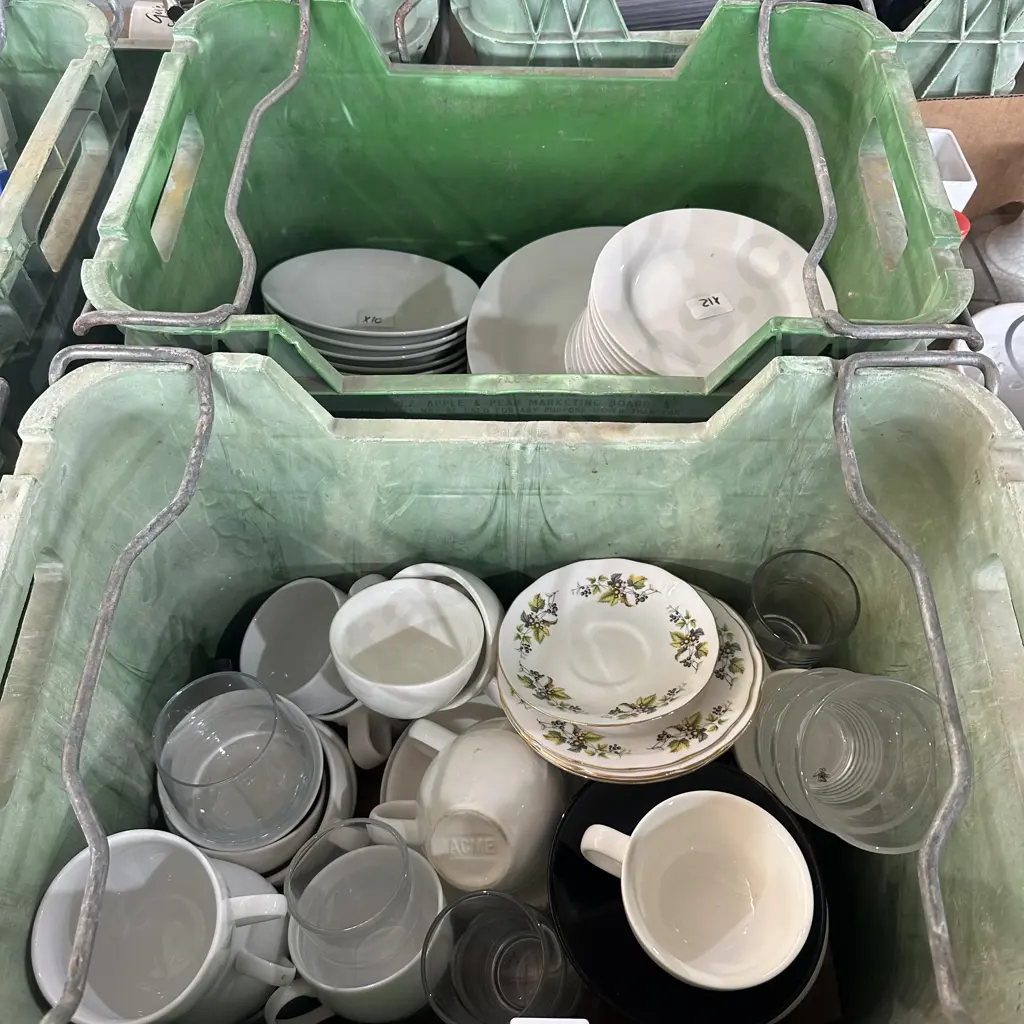 Two Bins of glasses, cups, plates, saucers including Queen Anne. Image 1++