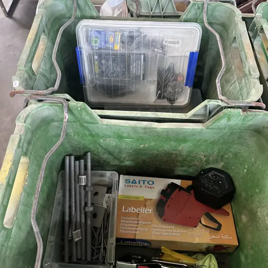 Two Apple crates including 2kg weight, stapler and labeller, parts containers and contents etc.