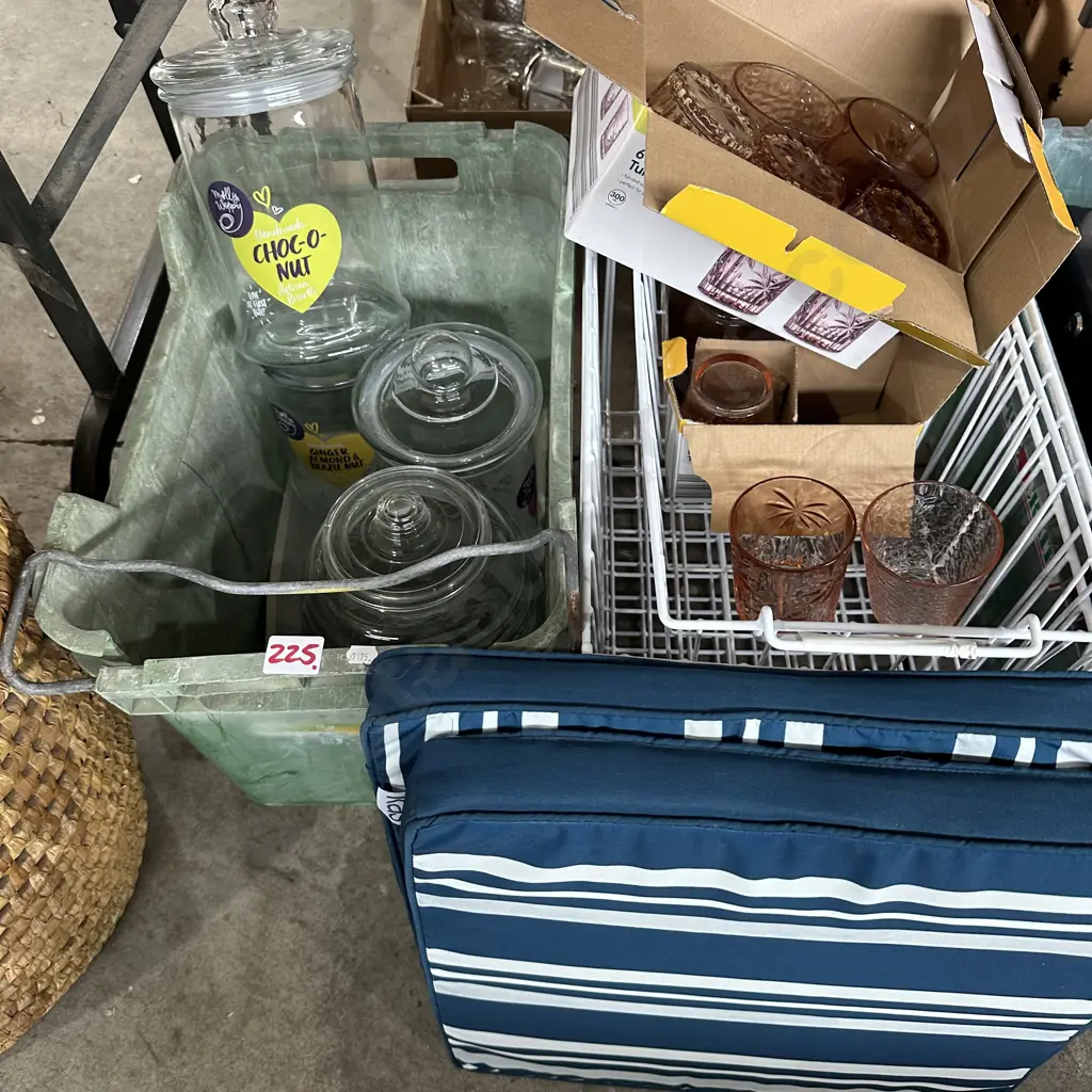 Apple crate, freezer baskets, 2 seat pads, glasses, cookie jars and drink dispenser. Image 1++