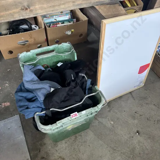 Apple crate with new white board, aprons and jars.