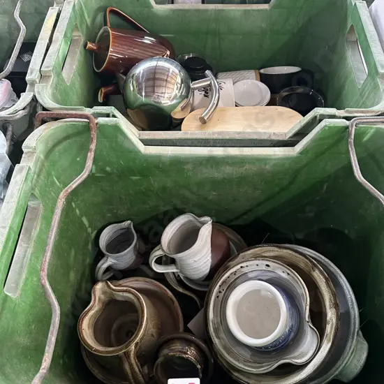 2 bins of pottery etc