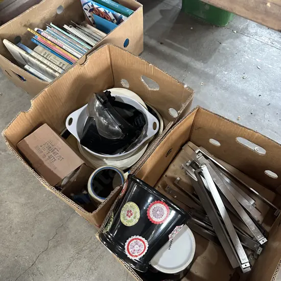 3 box modern handles, planters, protection masks, books etc