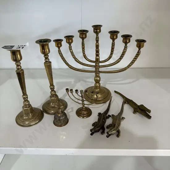 Brass candles, bell and alligators