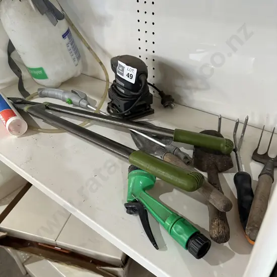 Lopers, garden tools, sander etc