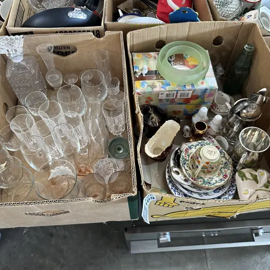 2 boxes Masons, collectales, glassware etc