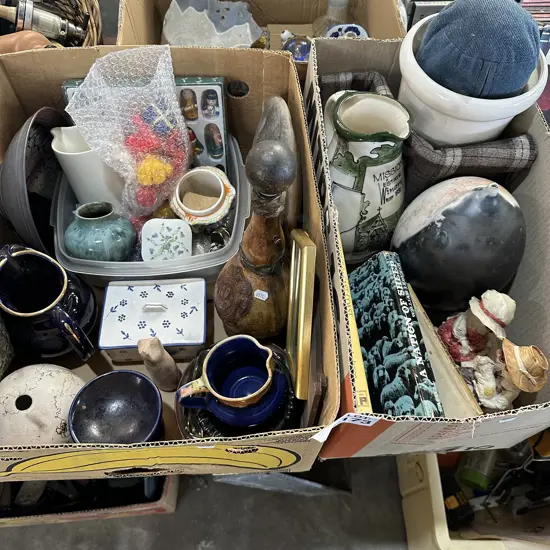 2 boxes pottery etc