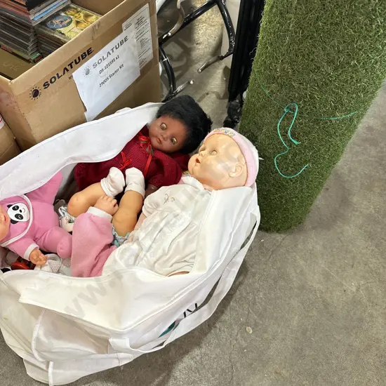 roll of faux grass, and doll collection