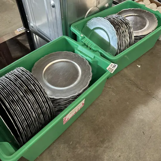 2 bins of silver plastic plates