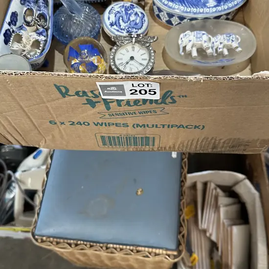 Vintage basket, tiles, box collectables